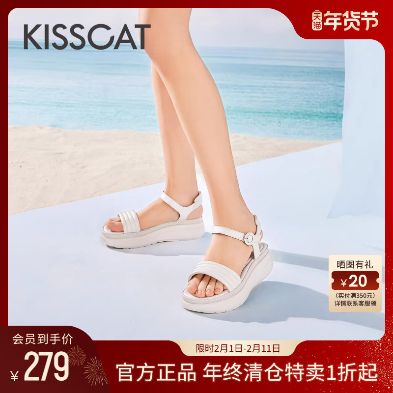 KISSCAT接吻猫夏季休闲沙滩凉拖外穿羊皮运动海边厚底增高凉鞋