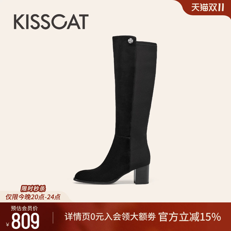 KISSCAT接吻猫[超模骑士靴]冬季黑色高跟靴绒面粗跟长筒瘦瘦靴女
