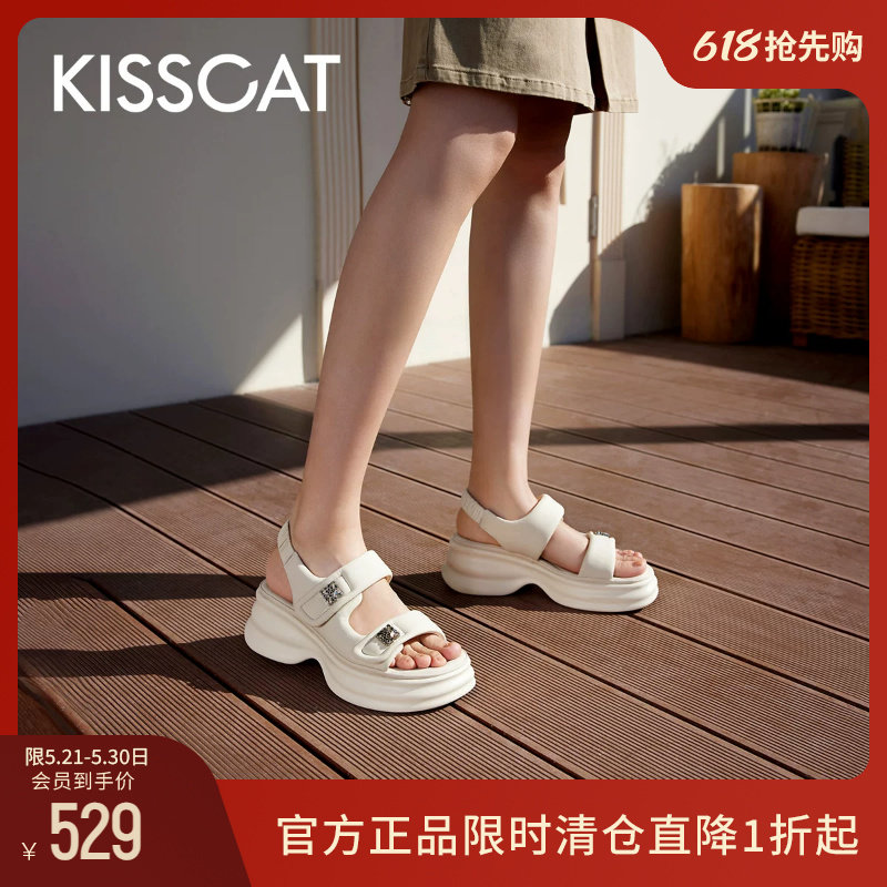 KISSCAT接吻猫[5.5cm钱币长腿运动凉鞋]厚底增高魔术贴沙滩凉鞋女
