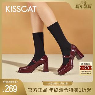 真皮玛丽珍圆头粗跟单鞋 复古学院风厚水台高跟鞋 女 新款 接吻猫秋季