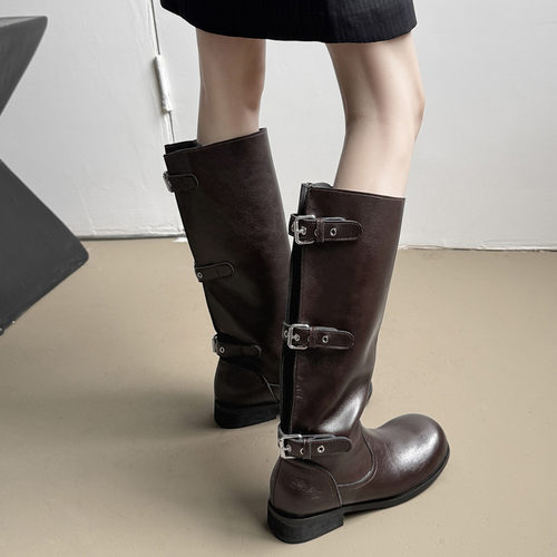 粗跟橡胶布冬季高筒骑士靴