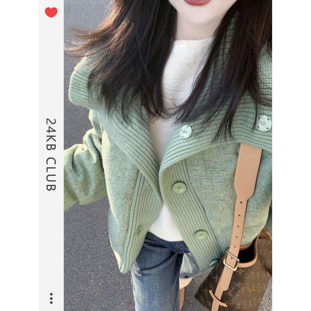 多巴胺独特漂亮绿色短款棉服女冬季新款小众拼接翻领加厚棉袄外套