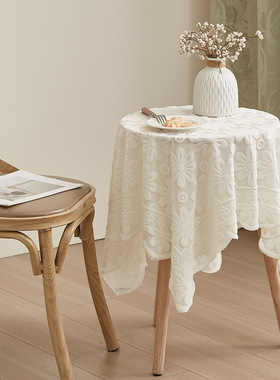 小户型空间桌布白色太阳花蕾丝针织家用小圆桌布学生宿舍桌布