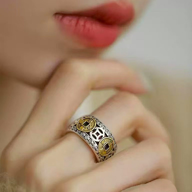 德琳居 s925银做旧古钱币戒指时尚复古男女戴首饰新中式银戒子