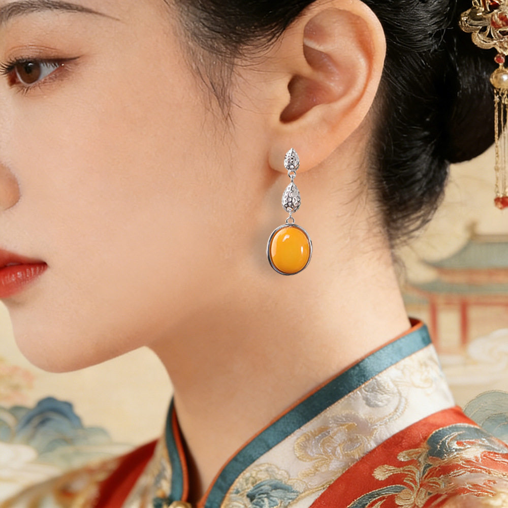 德琳居 s925纯银蜜蜡耳坠文艺复古新中式镂空做旧长款女士耳环
