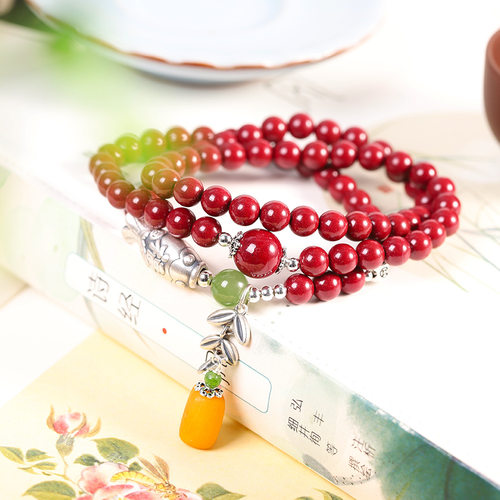 德琳居 s925银饰品手工diy合成辰砂朱砂麦穗蜜蜡手串 民族风手环