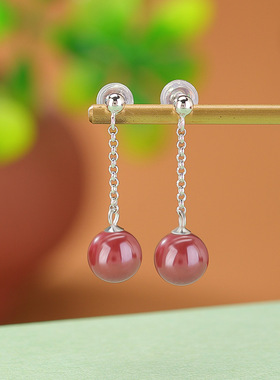 JHEPANs925纯银朱砂帝王砂耳坠简约亮银女士古风气质圆珠长款耳饰