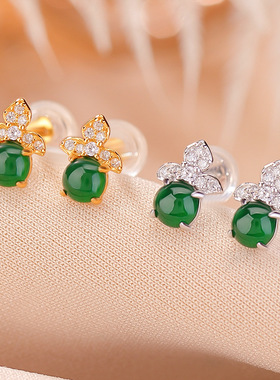 JHEPANs925纯银镀金翡翠复古轻奢时尚几何圆珠耳钉气质百搭银耳饰