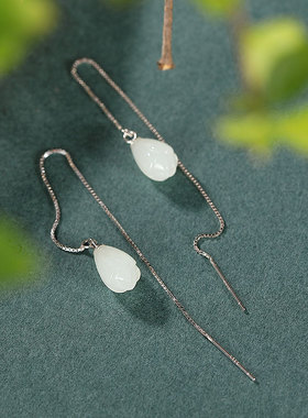 JHEPANs925纯银天然和田玉耳坠简约高档百搭长款玉兰花耳线耳饰品