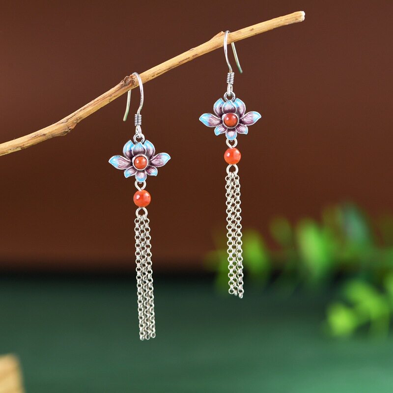 德琳居 s925银景泰蓝荷花镶南红新中式女款耳坠国潮复古流苏耳饰