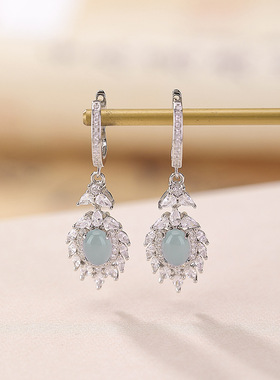 JHEPANs925纯银蓝水翡翠蛋面羽毛时尚创意轻奢现代设计感耳夹耳坠