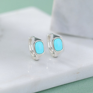 JHEPANs925纯银绿松石耳环复古个性亮面时尚简约几何方形耳夹耳饰
