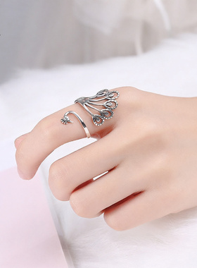 复古孔雀凤凰925银宽戒