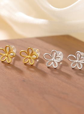 JHEPAN s925纯银镀金镂空花朵耳钉时尚气质百搭韩系小巧通勤银耳