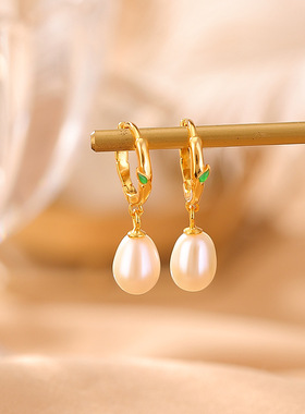 JHEPANs925纯银镀金淡水珍珠复古国潮珐琅竹节竹叶圆珠耳坠银耳环