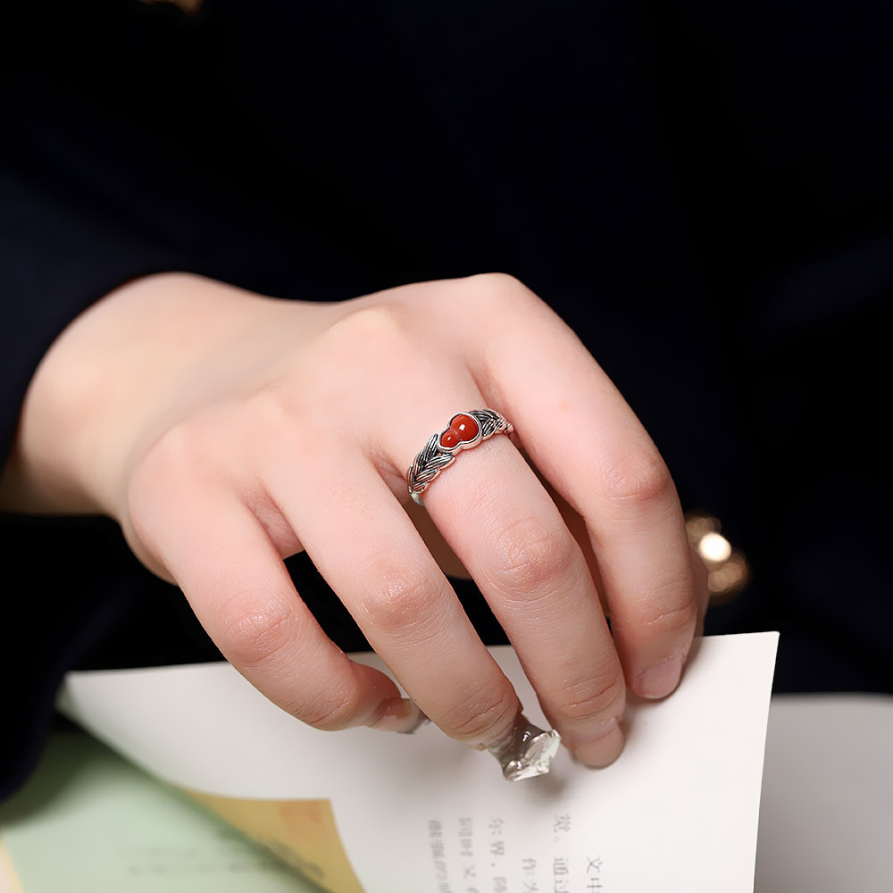 德琳居 时尚泰银复古手饰s925银镶嵌南红玛瑙葫芦戒指麦穗女指环