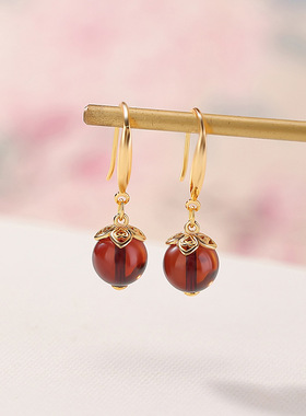 JHEPANs925纯银镀金血珀几何圆珠如意简约百搭通勤气质银耳钩耳坠