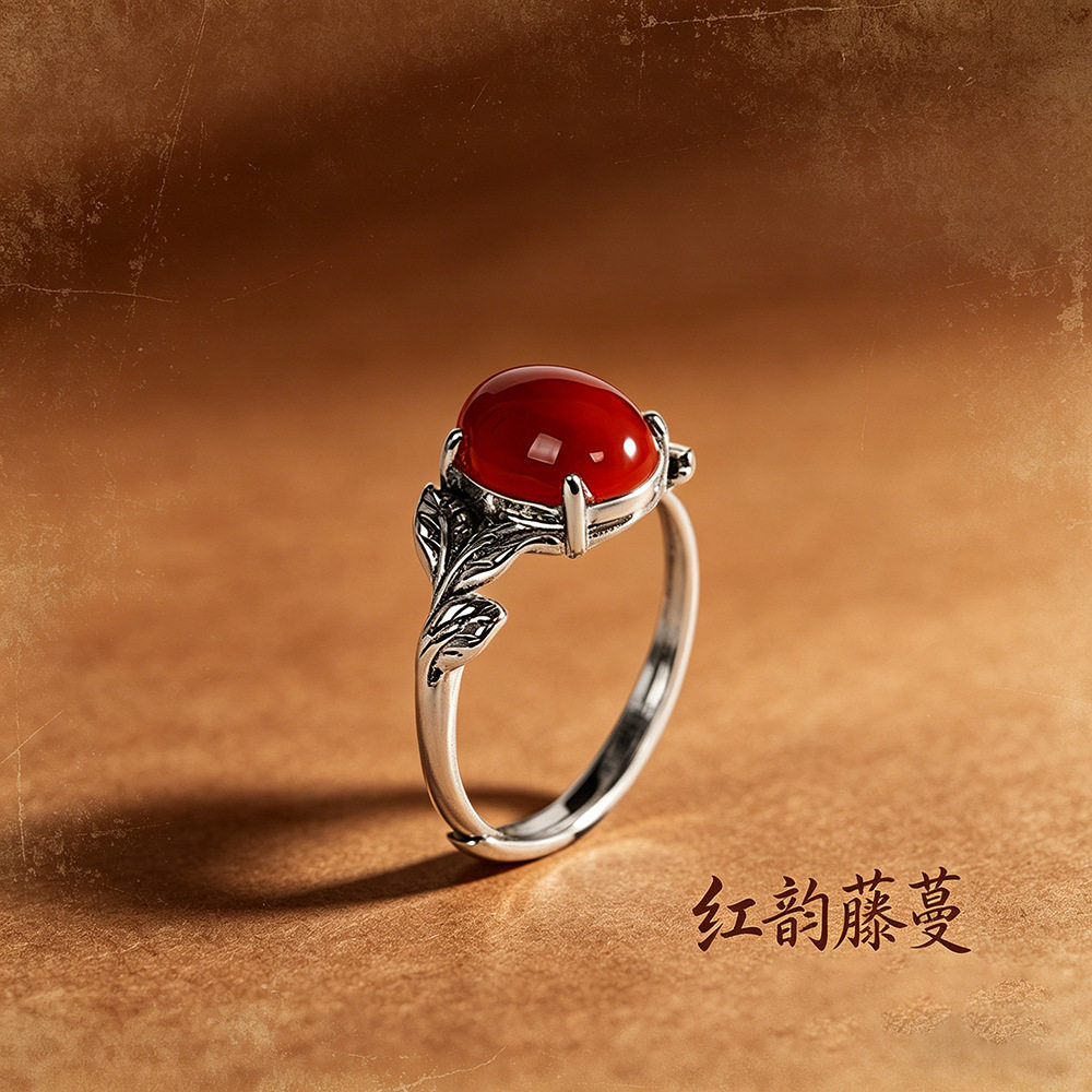 德琳居 s925银饰品南红玛瑙戒指叶子银边女指环泰银做旧复古手饰
