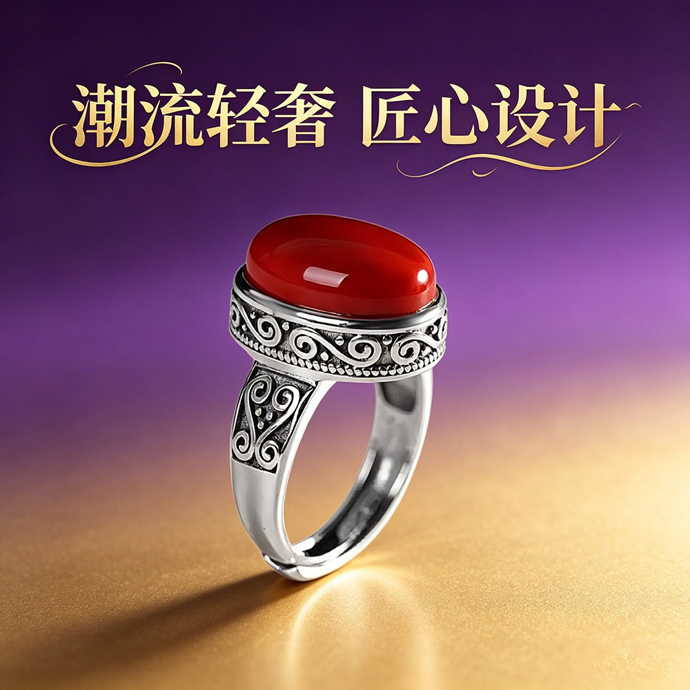 德琳居 泰银文艺复古s925银镶南红玛瑙女士戒指开口欧式花边指环