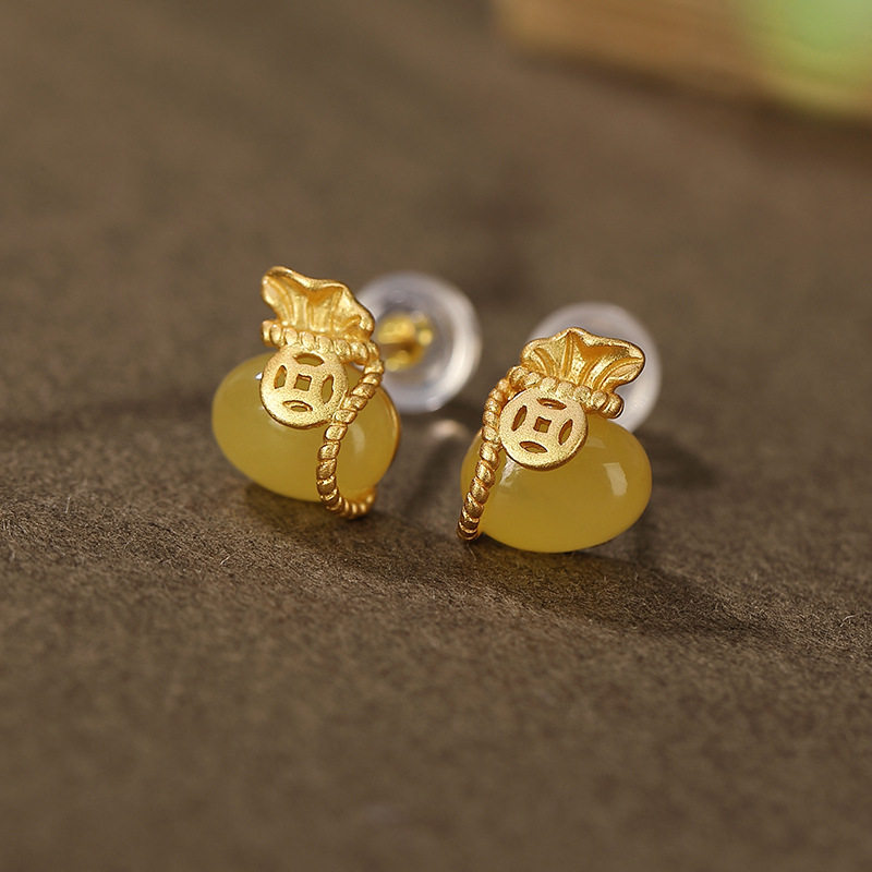 JHEPAN s925纯银镀金天然琥珀蜜蜡耳钉复古个性钱币钱袋女士耳饰