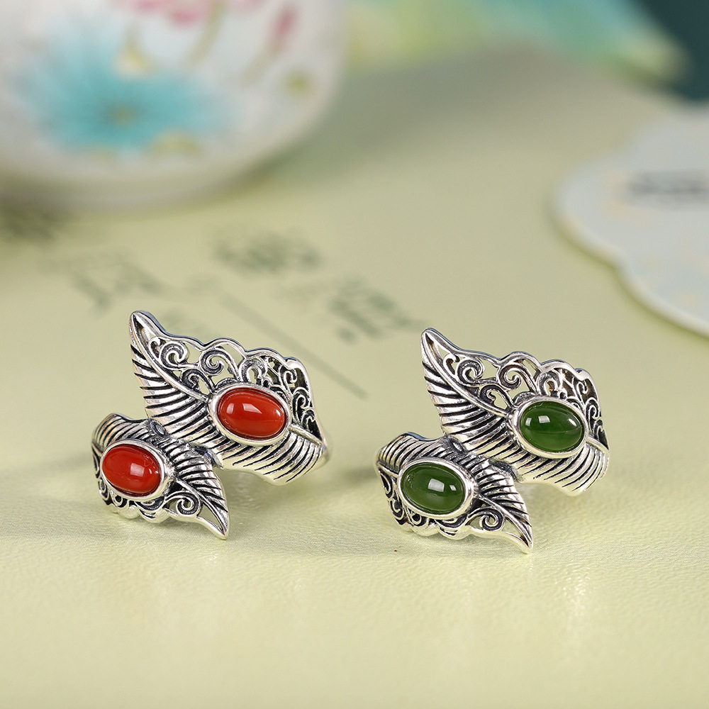 德琳居 s925纯银镶嵌南红玛瑙几何不规则戒指女时尚个性开口指环