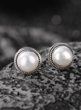 JHEPANs925纯银珍珠扭纹做旧复古圆珠耳钉中古款ins潮流时尚耳饰