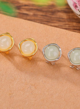 JHEPANs925纯银镀金和田玉晴水玉圆珠ins风时尚简约现代几何耳钉