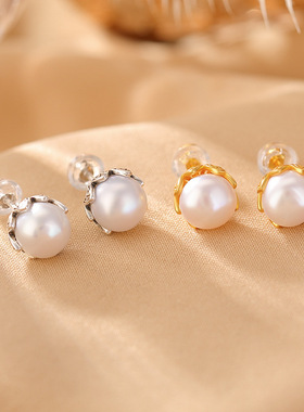 JHEPANs925纯银镀金淡水珍珠复古轻奢简约莲花花边圆珠耳钉银耳饰