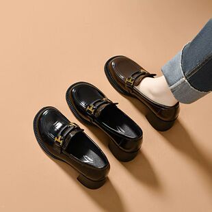 女春季 鞋 英伦风一脚蹬女单鞋 学院风四季 方扣粗跟乐福鞋 小皮鞋