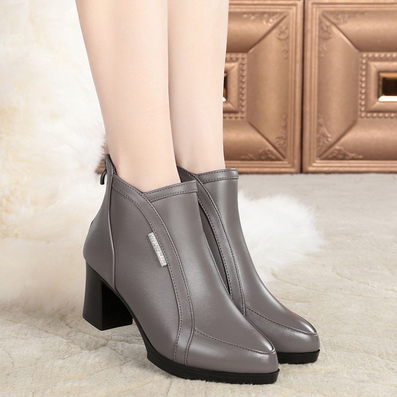 高跟羊毛春秋季羊毛粗跟短靴单靴