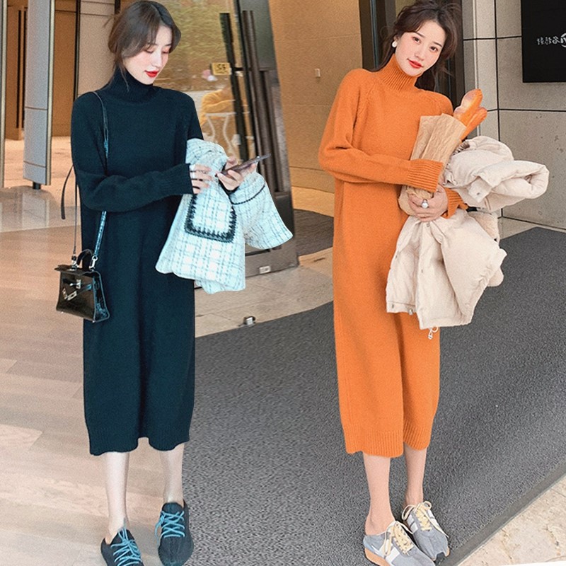 配大衣打底内搭长裙子女秋冬长款显瘦气质洋气法式毛衣针织连衣裙