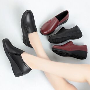 老人鞋 春百搭妈妈鞋 平底坡跟皮鞋 软底软皮防滑中老年女鞋 女 单鞋