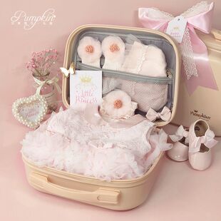 婴儿高端礼盒新生小公主礼服裙子百天生日宴蕾丝粉色衣服套装 春夏