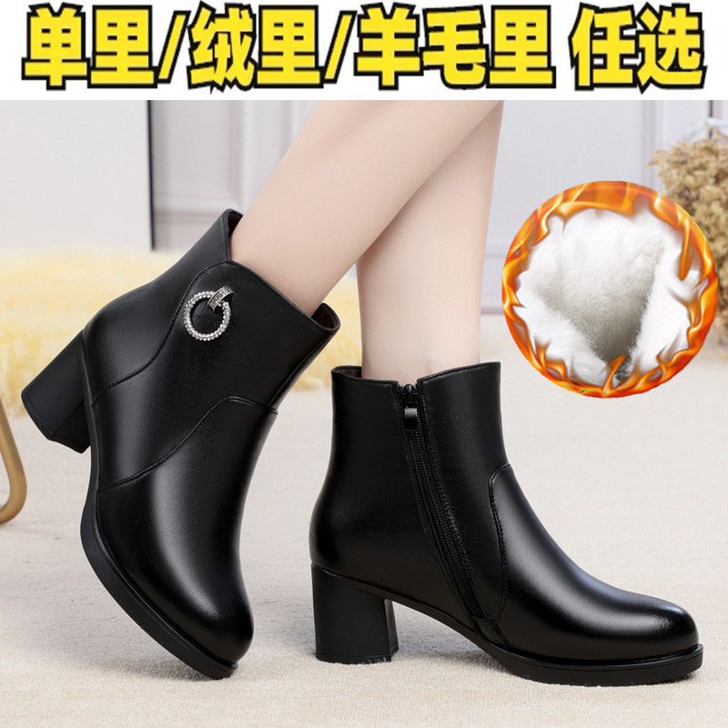 秋冬新款真皮女单鞋中跟米色皮鞋