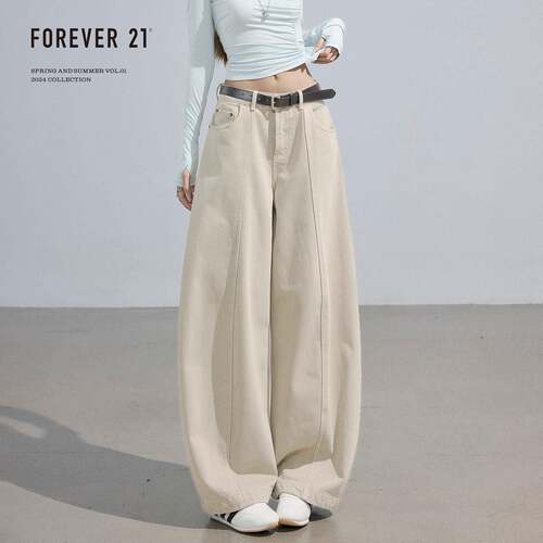 Forever 21超火杏色阔腿牛仔裤女春季宽松显瘦垂感美式高腰弯刀裤