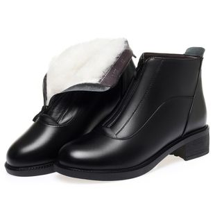 短筒靴 中筒靴子加绒女士真皮平底女雪地靴中老年妈妈棉鞋 冬季 女鞋