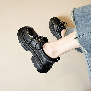 -厚底小皮鞋女系带手工缝线乐福鞋英伦增高单鞋女