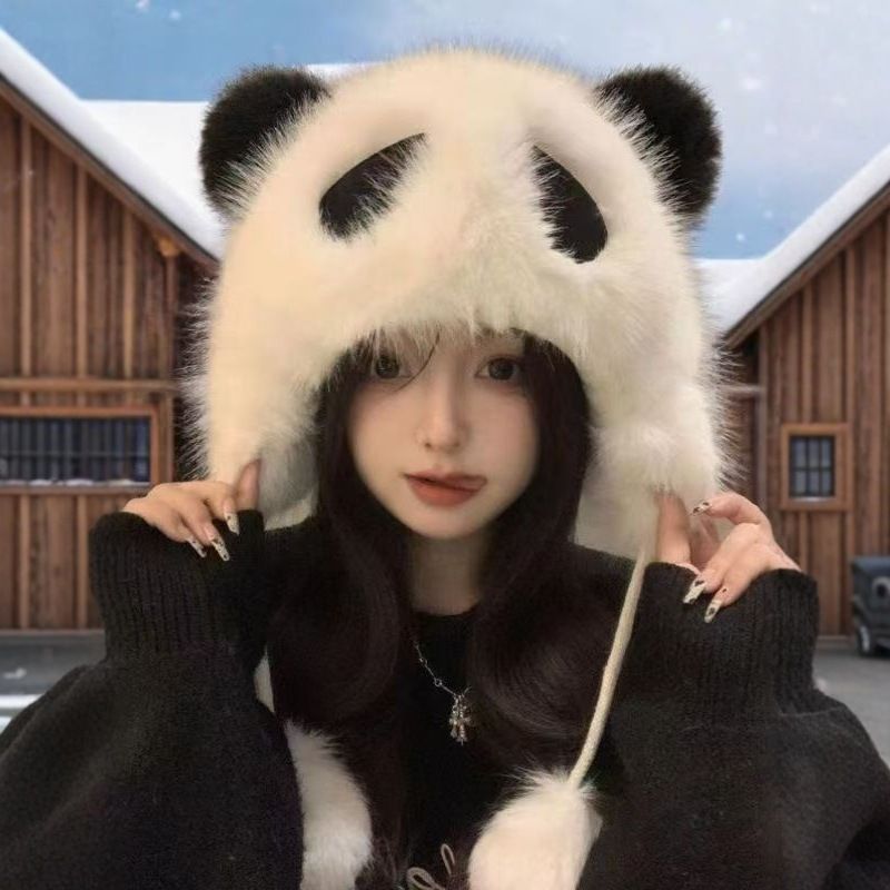 冬季帽子新款可爱熊猫毛茸茸毛绒