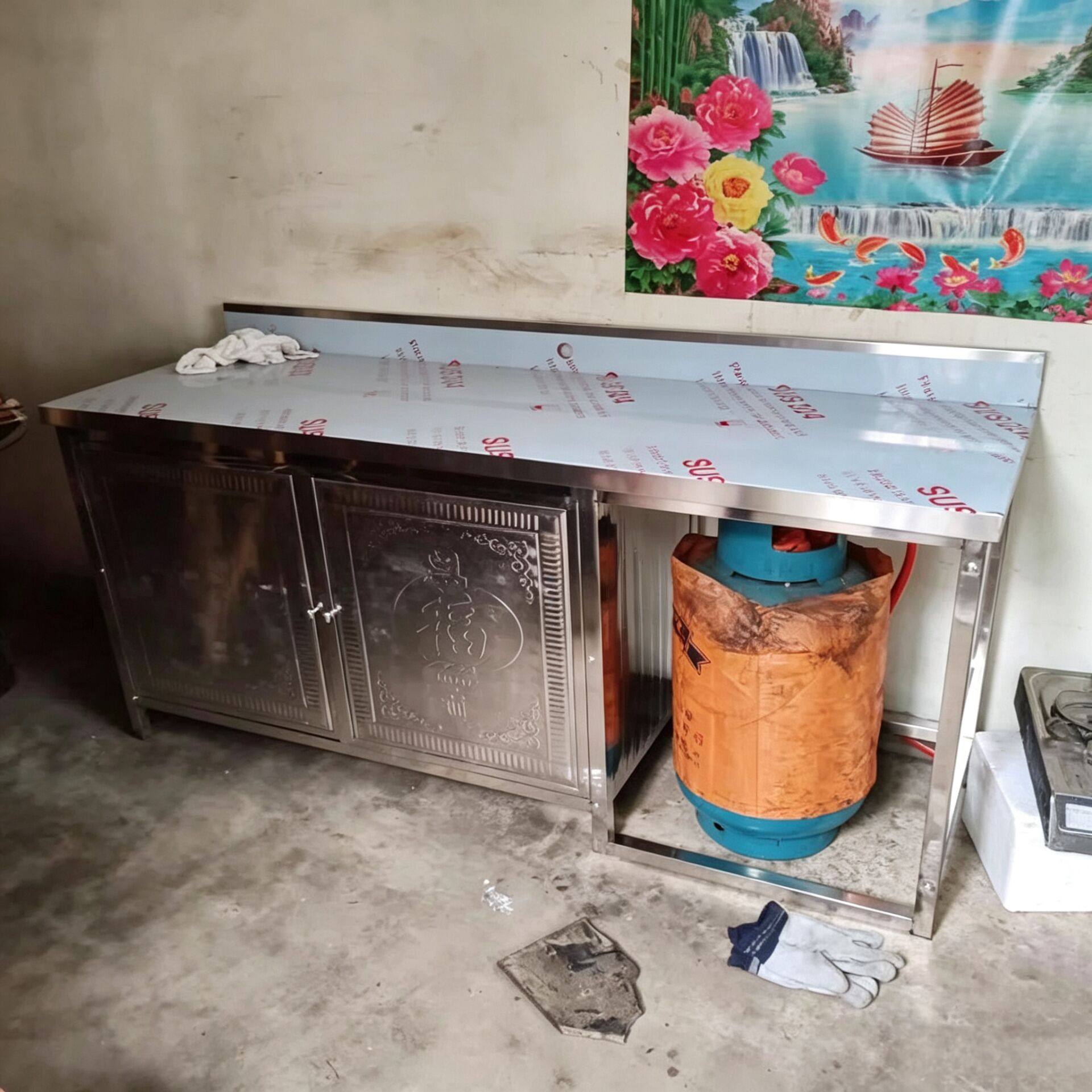 不锈钢橱柜厨房一体灶台置物架子多功能置物架收纳柜煤气煤气罐槽