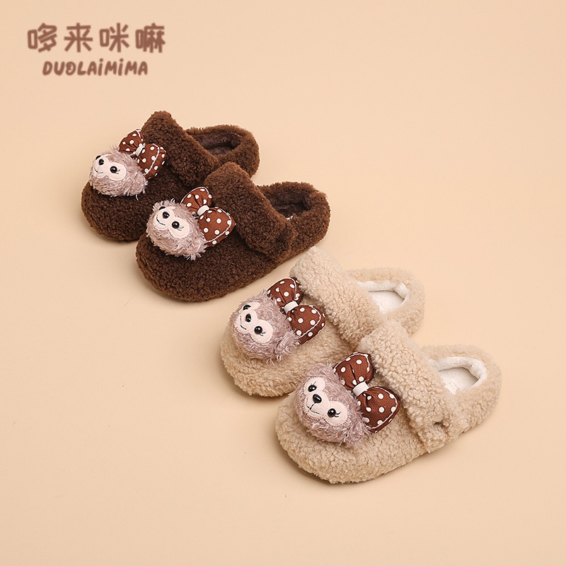 中大童毛绒达菲熊包头毛毛拖2025冬季女童圆头外穿保暖棉拖鞋