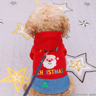 牛仔裙子款圣诞小狗狗衣服两脚带扣子有牵引绳扣秋冬装宠物服装