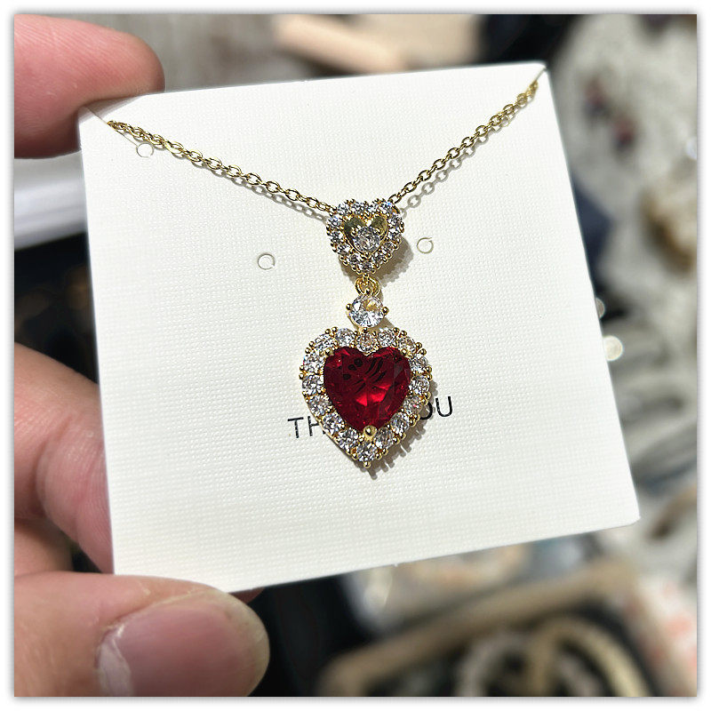 轻奢金色水钻红宝石心形锁骨链