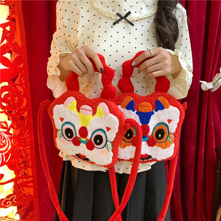 古风醒狮包毛绒斜挎包新年过年喜庆虎头儿童唐装配饰单肩手提包包