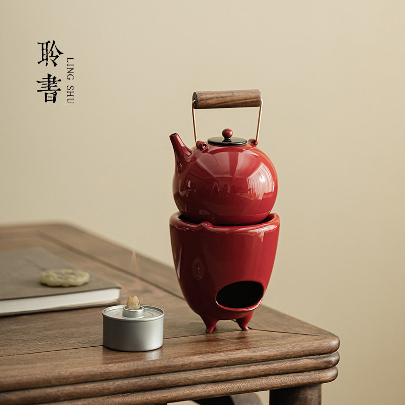 粗陶围炉煮茶煮茶壶套装复古大红色家用室内陶瓷烤茶炉烘茶煮茶炉
