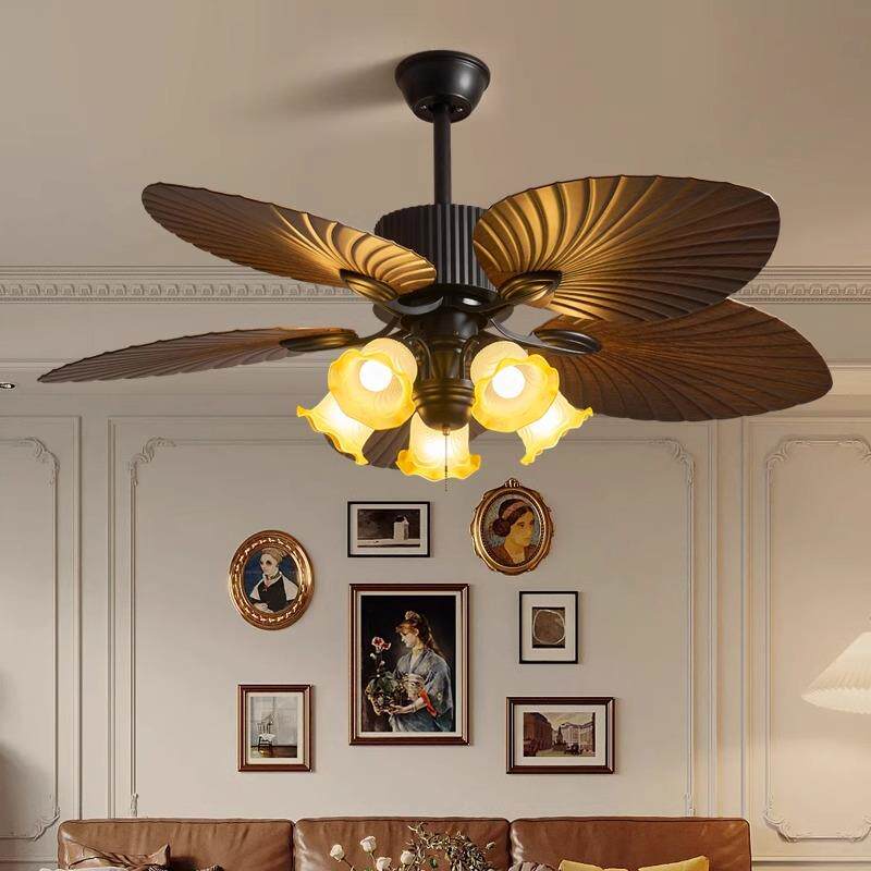 中古风奶油风芭蕉叶东南亚风扇灯客厅卧室吊扇灯三色光