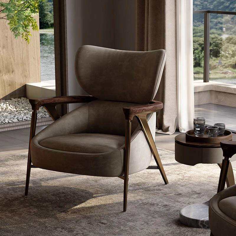 意式极简沙发椅别墅高级客厅单人沙发椅全真皮胡桃木休闲椅老虎椅