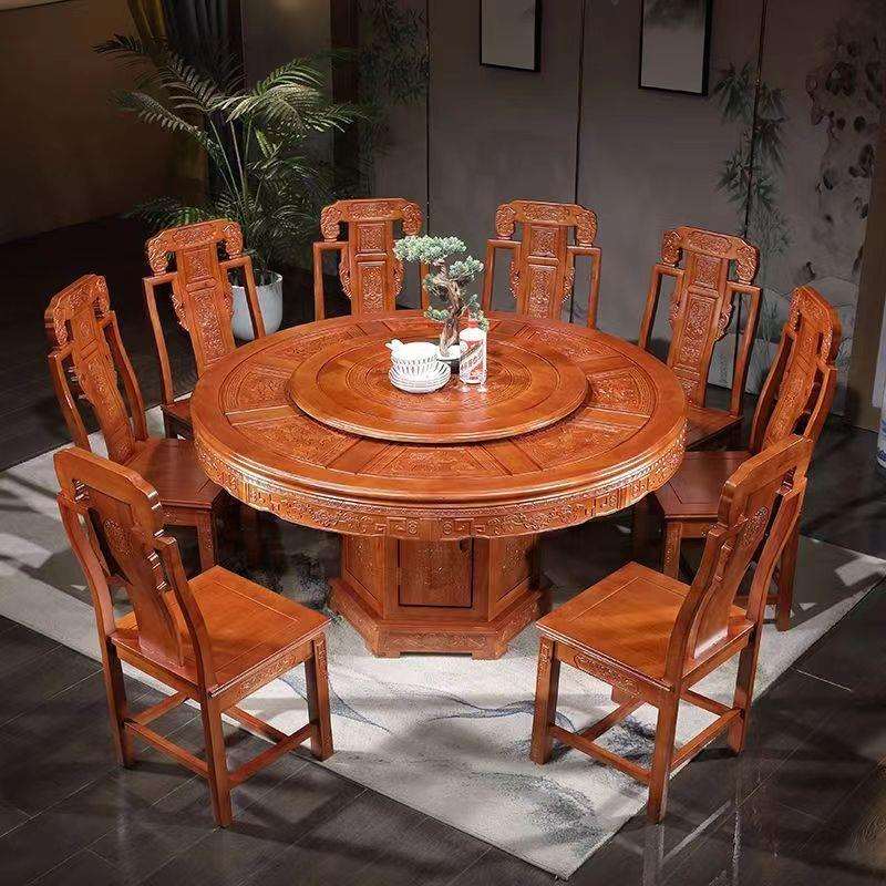 中式全实木餐桌椅组合家用吃饭大圆桌子橡木仿古雕花圆餐桌带转盘