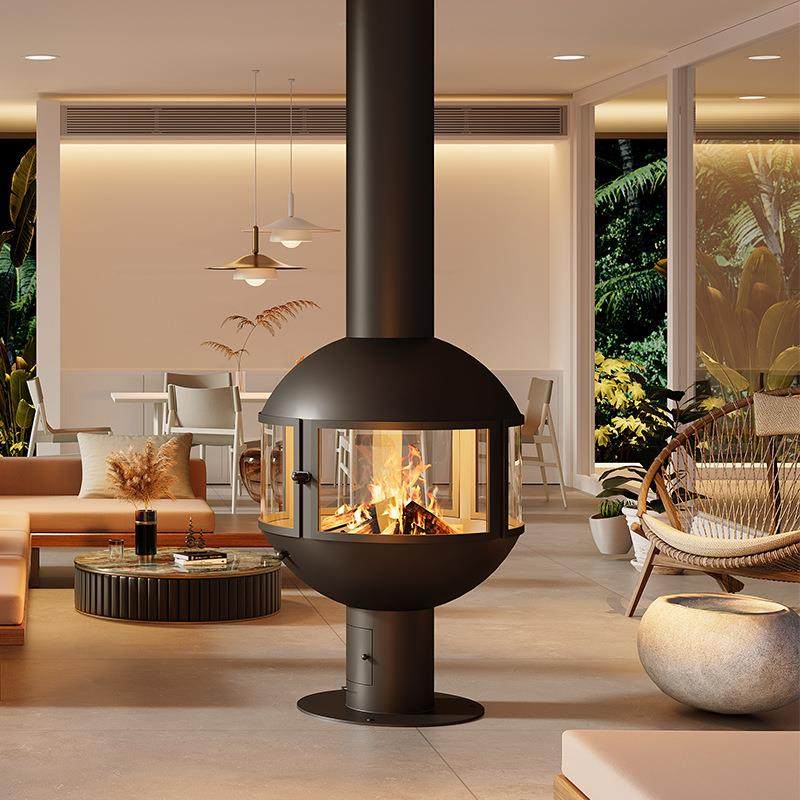高端专属圆形悬挂壁炉真火燃木柴无烟农村自建房室内取暖炉明火