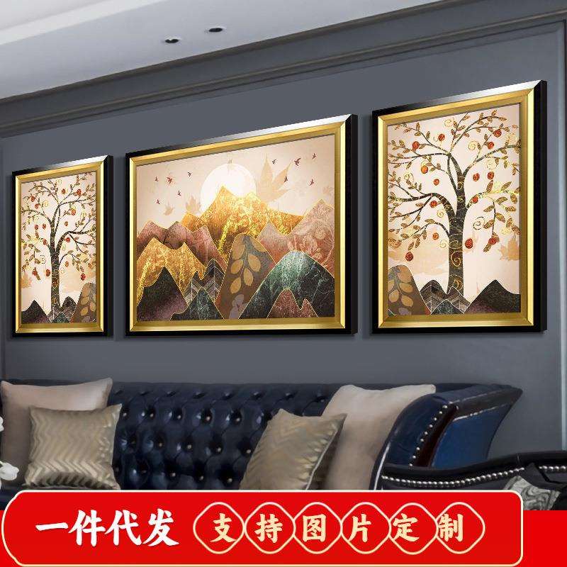 2019新款5D钻石画美式轻奢复古客厅三联画钻石绣抽象发财树十字绣