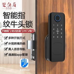 老式铁门锁智能牛头锁指纹密码锁防盗门木门室外防水双面电子门锁